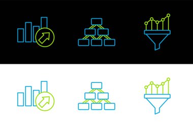 Çizgi satış hunisini grafikle, finansal büyüme ve hiyerarşi organogramı simgesi ile ayarla. Vektör