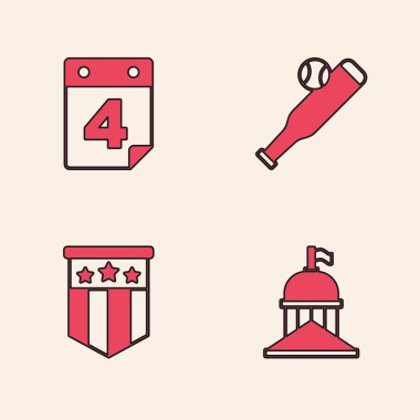 Beyaz Saray, 4 Temmuz tarihli takvim, beysbol sopası topu ve Amerikan bayrak ikonu. Vektör