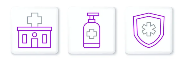 Nastavit Čáru Životní Pojištění Nemocniční Budova Antibakteriální Mýdlo Ikona Vektor — Stockový vektor