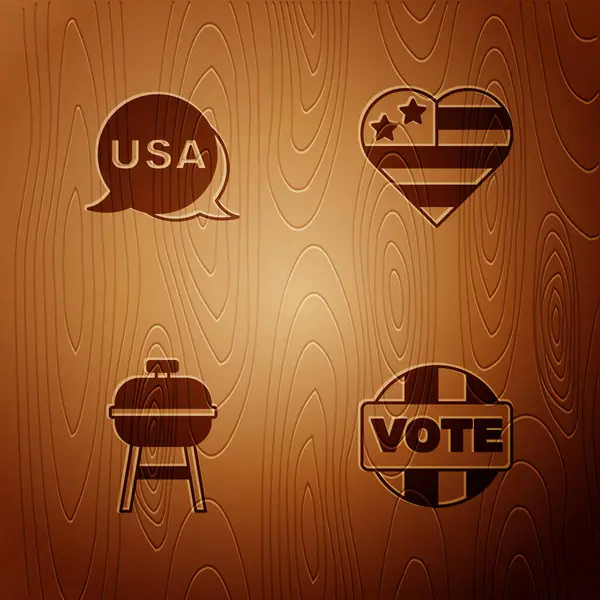 Set Vote Usa Independence Day Barbecue Grill Wooden Background Vector — Stock Vector