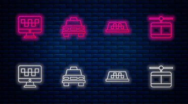 Taksi, çatı, bilgisayar taksi ve kablolu yayın hattı ayarlayın. Tuğla duvarda parlayan neon simgesi. Vektör