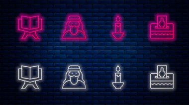 Hizaya girin Müslüman adam, yanan mum, Kuran 'ın kutsal kitabı ve bağış yapın. Tuğla duvarda parlayan neon simgesi. Vektör