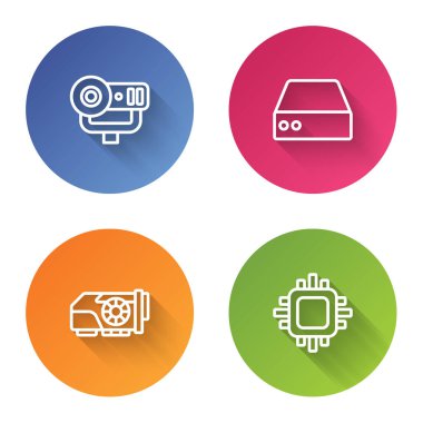 Web kamerası, sunucu, sunucu, sunucu, video grafik kartı ve işlemciyi işlemciye ayarla. Renkli daire düğmesi. Vektör