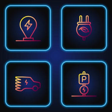 Hattı şarj eden elektrikli araba, elektrik ve fiş yaprağı. Renk simgeleri. Vektör