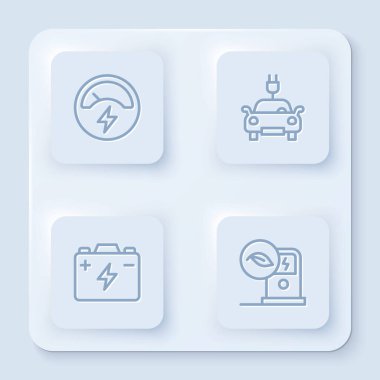 Hat voltmetresi, elektrikli araba, araba aküsü ve şarj istasyonu. Beyaz kare düğme. Vektör