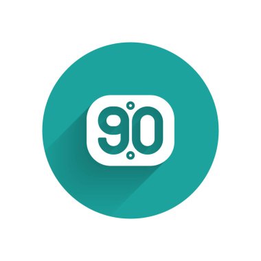 Beyaz 90 'ların Retro simgesi uzun gölgeli izole edilmiş. Doksanların posteri. Yeşil daire düğmesi. Vektör.