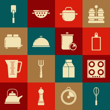 Mutfak çırpıcı, gaz sobası, kesme tahtası, yemek tepsisi, tost makinası tostu, Spatula ve mutfak zamanlayıcısı ikonu ile kaplanmış. Vektör