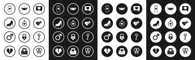 Heart in the center kronometrede yüksek topuklu kadın ayakkabısı, cep telefonu, Amour oku, kanatlar, anahtar şekli ve erkek cinsiyet simgesi. Vektör