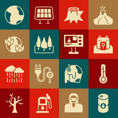 Fıçı yağı, Meteoroloji termometresi, Kutup ayısı başı, Ağaç kütüğü, Orman, Küresel Isınma Ateşi, Dünya küresi ve Televizyon haber ikonu. Vektör