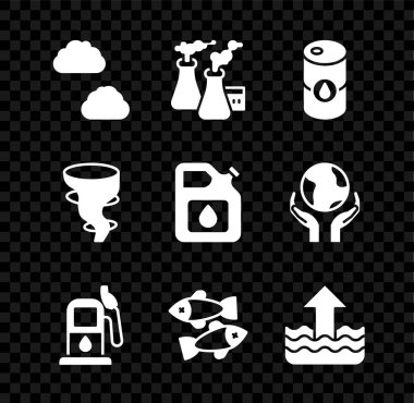 Bulut, fabrikadan duman, varil yağı, benzin istasyonu, ölü balık, su seviyesinde yükselme, tornado ve teneke kutu benzin ikonu. Vektör