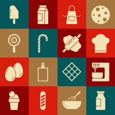 Sütlü şişe, elektrikli mikser, Şef şapkası, mutfak önlüğü, Noel şekeri bastonu, lolipop, dondurma ve Rolling pin hamur ikonu. Vektör