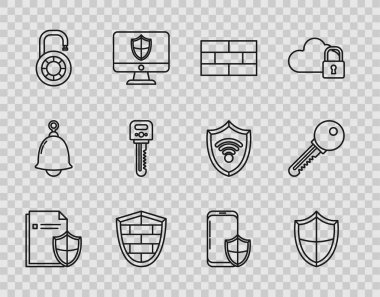 Siber güvenlik duvarı, güvenlik kilidi tekeri, anahtar, akıllı telefon kalkanı ve ikonu olan hat hattı koruma konsepti, kalkan, tuğla, tuğla siber güvenlik duvarı. Vektör