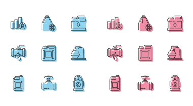 Benzin, turta grafiği, benzin istasyonu, petrol sanayi fabrikası, sızıntı yapan su ve antifriz ikonu ile yıkılmış boru hattı döşeme kutusu. Vektör