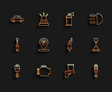 Hat pistonu, motor kontrolü, araba, boya spreyi, şok emici, park yeri, vites kolu ve egzoz simgesi. Vektör