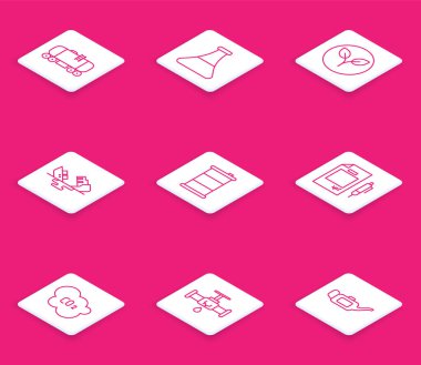 Petrol deposu, petrol test tüpü, biyoyakıt, enkaz petrol tankeri gemisi, fıçı, kontrat parası ve kalem, karbondioksit emisyonları bulutlarda ve su sızıntısı olan bozuk boru. Vektör