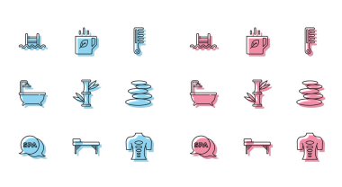 Spa salonu, masaj masası, merdivenli yüzme havuzu, taş terapisi, Bambu, Yığın sıcak taşlar, Küvet ve çay ve yaprak ikonu. Vektör