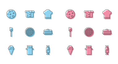 Dondurmayı waffle külahına koyun, süt için konteynır, kurabiye bisküvisi, şeker, ev yapımı pasta, pasta, sppatula ve ekmek tostu ikonu. Vektör