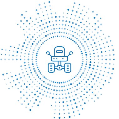 Mavi çizgi Mars gezgini simgesi beyaz arkaplanda izole edildi. Uzay aracı. Ay yürüyüşü işareti. Gezegen yüzeyini incelemek için bir cihaz. Soyut çember rastgele noktalar. Vektör.