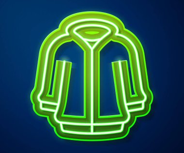 Parlayan neon çizgisi kapüşonlu ikon mavi arka planda izole edildi. Kapüşonlu kazak. Vektör