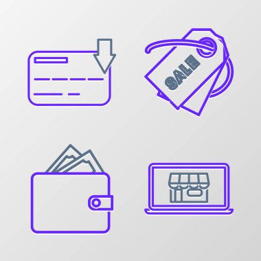 Hat alışveriş binasını ekran dizüstü bilgisayarına, cüzdanı kağıt para yığınına, Price yazıt satışı ve kredi kartı simgesine ayarla. Vektör