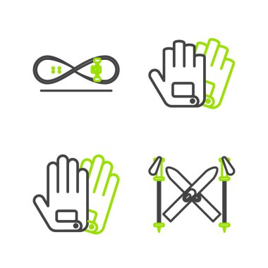 Çizgi kayak ve sopalar, eldivenler ve kaykay numarası ikonu. Vektör