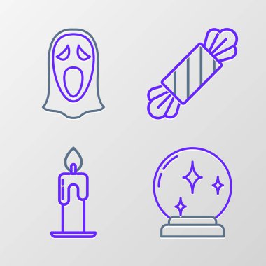 Sihirli top, yanan mum, şeker ve Cadılar Bayramı ikonu için komik korkunç hayalet maskesi. Vektör