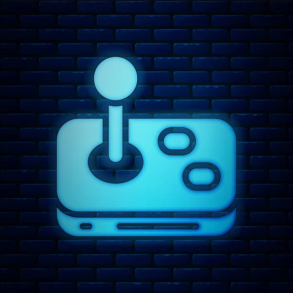 Glowing Neon Joystick Arcade Machine Icon Isolated Brick Wall Background — Image vectorielle