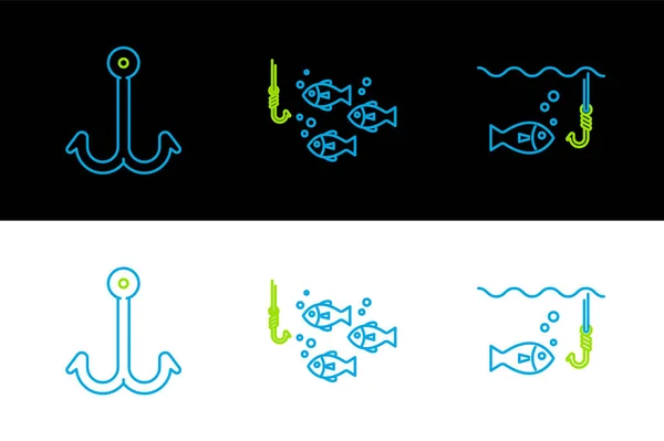 Set Line Angelhaken Unter Wasser Mit Fisch Und Symbol Vektor — Stockvektor