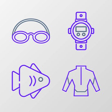 Dalış kıyafeti, balık, dalış saati, gözlük ve şapka ikonu ayarlayın. Vektör