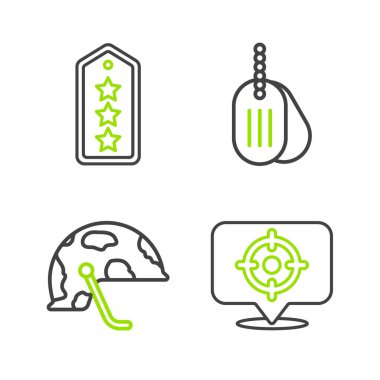 Sabit çizgi sporu, askeri miğfer, künye ve rütbe ikonu. Vektör