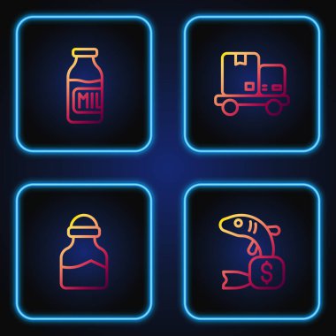 Balık etiketi, baharat kutusu, süt, el arabası ve kutular. Renk simgeleri. Vektör