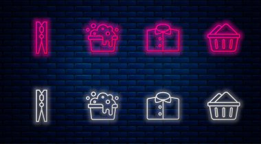 Sabun köpüklü leğen, tişört, broş ve elbise. Tuğla duvarda parlayan neon simgesi. Vektör