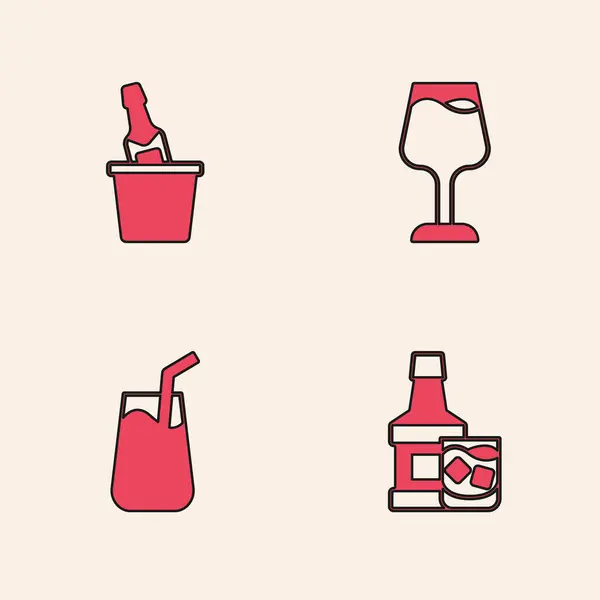Set Whiskey Bottle Glass Champagne Ice Bucket Wine Cocktail Icon — Stock Vector