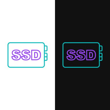 SSD kart simgesi beyaz ve siyah arkaplanda izole edildi. Katı eyalet sürücü işareti. Depolama diski sembolü. Renkli taslak konsepti. Vektör
