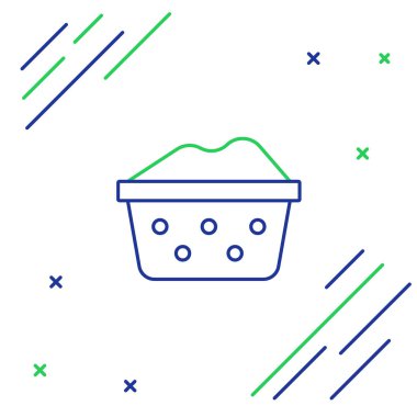 Beyaz zemin üzerinde sabun köpüğü simgesi olan çizgi plastik leğen. Sulu kase. Çamaşır yıkama, temizlik malzemeleri. Renkli taslak konsepti. Vektör