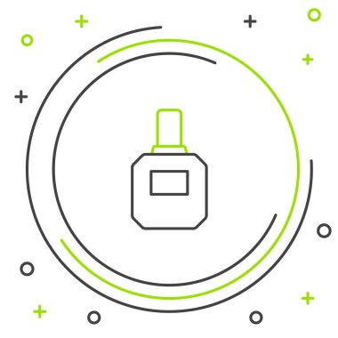 Beyaz arkaplanda çizgi traş losyonu simgesi izole edildi. Parfüm spreyi ikonu. Erkek parfüm şişesi. Renkli taslak konsepti. Vektör