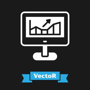 Borsa büyüme grafikleri ve kara fon üzerinde izole edilmiş para ikonu olan beyaz bilgisayar. Ekranda ok grafikleri olan bir monitör. Vektör.
