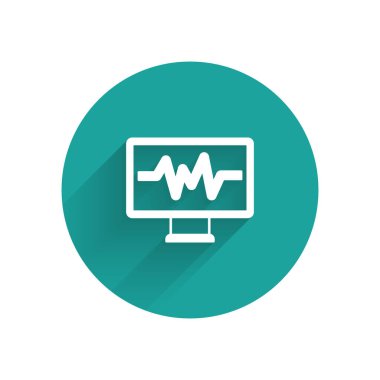 White Computer monitor with cardiogram icon isolated with long shadow background. Monitoring icon. ECG monitor with heart beat hand drawn. Green circle button. Vector