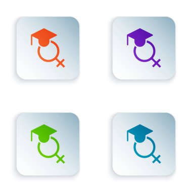 Renkli Öğretmen simgesi beyaz arkaplanda izole edildi. Kare düğmelere renkli simgeleri yerleştir. Vektör