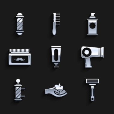 Krem ya da losyon kozmetik tüpü tıraş jeli tıraş köpüğü saç kurutma makinesi klasik berber direği kavanozu ve ikonu. Vektör.