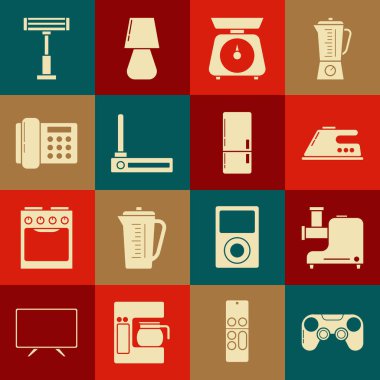 Gamepad, Kitchen et öğütücüsünü, elektrikli ütüyü, pulu, yönlendiriciyi ve kablosuz bağlantıyı, telefonu, ısıtıcıyı ve buzdolabı ikonunu ayarla. Vektör