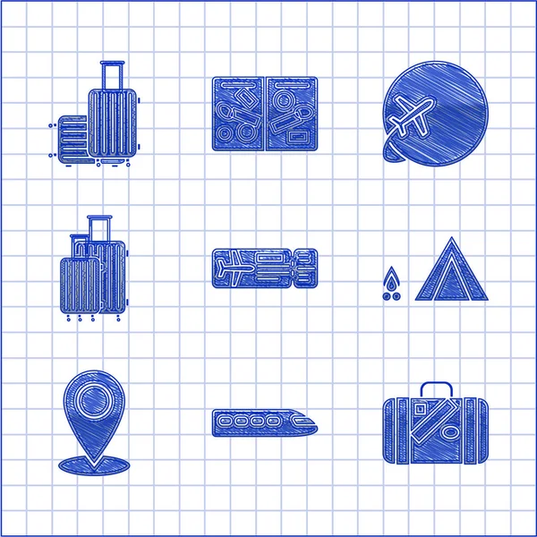 采购产品设置机票 旅行箱和贴纸 带木火的旅游帐篷 地图销 环球飞行飞机和图标 — 图库矢量图片