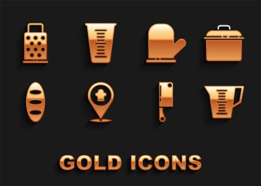 Şef şapkasını konuma göre ayarla, tencere, ölçü kabı, et doğrayıcı, ekmek somunu, fırın eldiveni, rende ve simge. Vektör