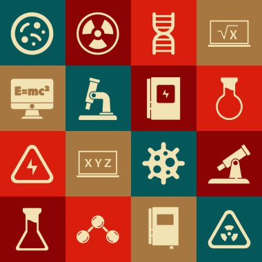 Radyasyon, Teleskop, Test tüpü ve matara, DNA sembolü, mikroskop, denklem çözeltisi, Bakteri ve Elektrik paneli simgesi ile Üçgen 'i ayarla. Vektör