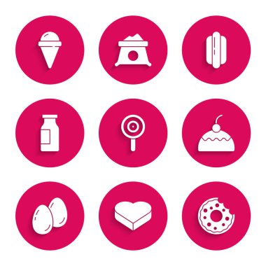 Lolipop, kalp şeklinde şeker, Donut, Pasta, Paskalya yumurtası, Sütlü şişe, Hotdog sandviçi ve dondurmalı waffle ikonu. Vektör