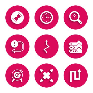 Arrow 'u ayarla, yönsel ok, grafik, diyagram, hedef, bilinmeyen arama ve kum ikonlu eski kum saati. Vektör