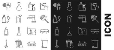Çöp tenekesi, Sünger, Sünger, Kazıyıcı, Silecek, Sıvı bulaşık deterjanı için plastik şişeler, Temizlik ve Su musluğu ikonu. Vektör