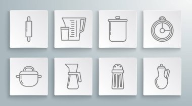 Hattı ayarla, tencere, ölçü kabı, tuz, bir şişe zeytinyağı, mutfak zamanlayıcısı ve Rolling pin ikonu. Vektör