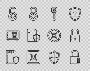 SD kart ve kalkanı, güvenlik kilidini, anahtarı, tekerleği, belge koruma konseptini, kalkanı ve kilidi aç simgesini ayarla. Vektör