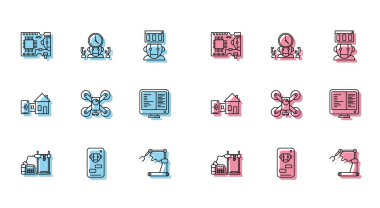 3D yazıcı, endüstriyel makine robot kol fabrikası, aksiyon kameralı dron, bilgisayar monitörü, Smart Home ve Robot dijital zaman yöneticisi ikonu. Vektör